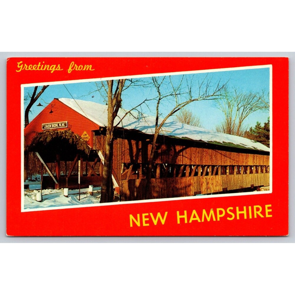 Vtg Postcard New Hampshire Jackson Greetings Covered Bridge Snow c1960s Unposted